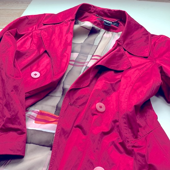 DKNY Hot 💕 Pink Magenta Barbiecore Trench Coat Jacket Watercolor Print Lined 💕 - Picture 14 of 16
